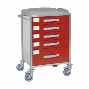 Carro hospitalario multifuncional, acero inox., 5 cajones, empujador, 62x52x96 cm.