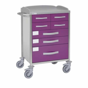 Carro hospitalario multifuncional, acero inox., 7 cajones, empujador, 62x52x96 cm.