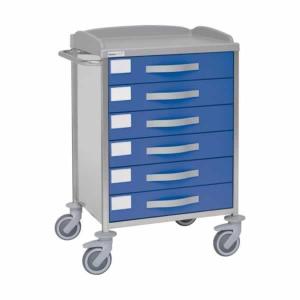 Carro hospitalario multifuncional, acero inox., 6 cajones, empujador, 62x52x96 cm.